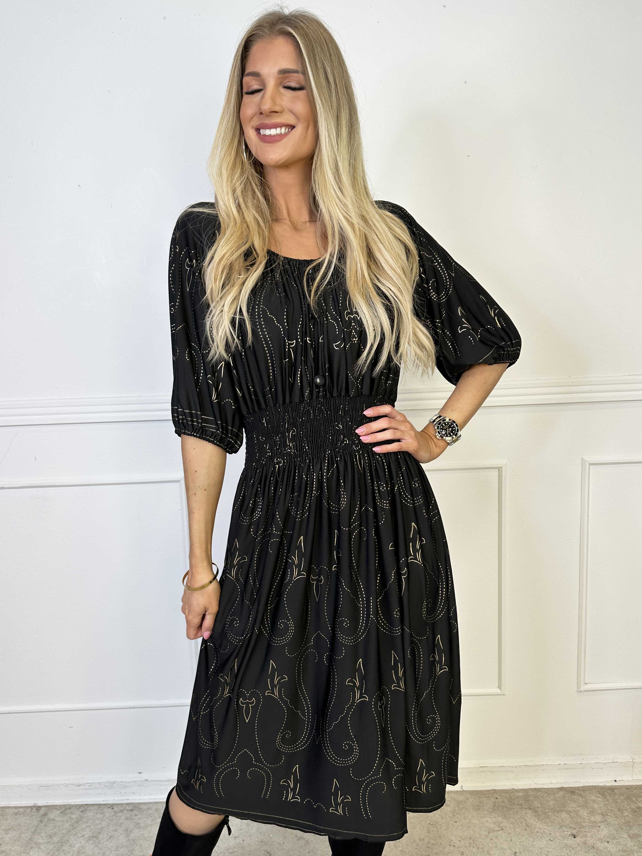 Cora Royal Gold Midi - Elastisk kjole med guld print